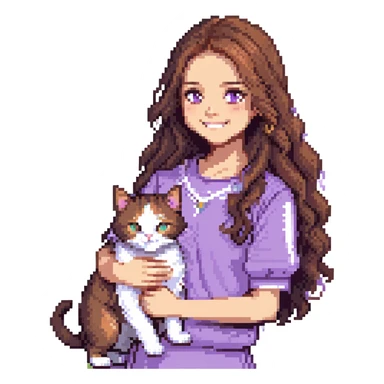 Add a flowery garden background to the scene with a girl with long, wavy brown hair, brown eyes, purple clothes, smiling with a three-color cat beside her in pixel art style. sticker