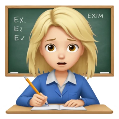 young blonde disheveled hair woman is writing an exam in panic sticker