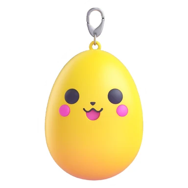 Tamagotchi virtual pet device, 3D emoji style, egg shaped, three buttons, Mametchi on screen, keychain, cute and rounded sticker