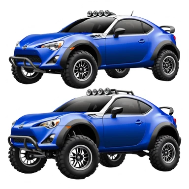 Dirty raced jacked 2013 scion fr-s ultramarine off road 4wd monster Baja dessert stadium racer number 86 with long travel suspension, shiny silver wheels, exaggerated black fender flares sponsored by Pepsi and NASA  sticker