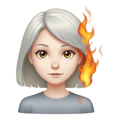 girl with a mischievous smirk standing in the foreground, while small flames or smoke rise in the background. The character has straight hair and a confident expression. sticker