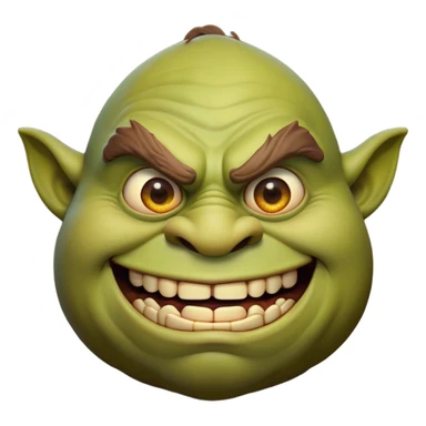 Cinematic Comical Ogre Portrait Emoji, with a strikingly exaggerated, bulky figure in vivid earthy greens and browns, head tilted in a dramatically surprised expression with wide, comically bulging eyes and a goofy, oversized grin, simplified yet hilariously exaggerated, highly detailed with a soft, cartoonish glowing outline capturing the playful absurdity of a meme-worthy ogre! sticker