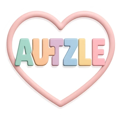 Playful, modern logo: 'AUTZLE' in puzzle-piece letters, each letter a different bright pastel mint, peach, lavender, light blue, soft yellow, pink. The word is inside a smooth, aesthetically pleasing heart shape with soft curves, acting as a gentle frame. The design is clean, vibrant, and supportive, with soft, even lighting, gentle 3D shadows, and a transparent or white background. sticker