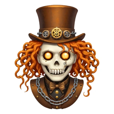 steam punk Megadeth - corpse made of rusty metal with chains on its teeth, huge curly orange hair sticker