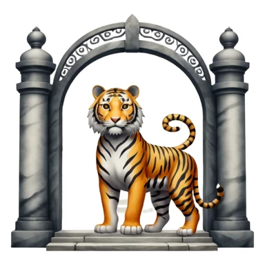 Traditional Chinese ink painting style emoji. A powerful tiger (like the ancient character 虎), standing guard in front of mystical gates (門). Energy swirls around him like a vortex (🌀). Minimalist, transparent background, 512x512 pixels. sticker
