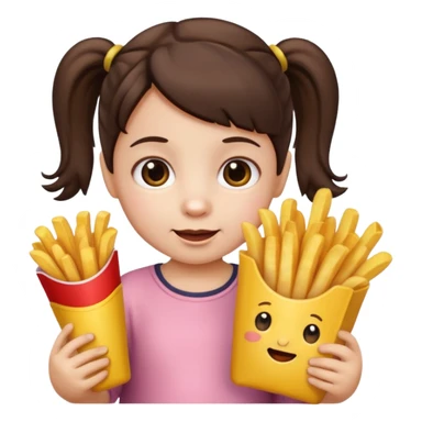 Toddler emoji with two pigtails dark brown hair, fair skin, holding French fries sticker