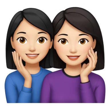 Middle aged light brown skinned woman with black hair, beside a middle aged asian woman with dark brown hair touching their cheek sticker
