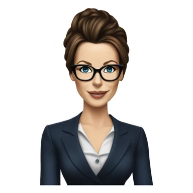 Hyper Realistic Kate Beckinsale dark blue eyes wearing glasses in a business dress drinking coffee happy  sticker