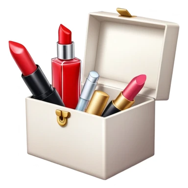 an opened box with a few beauty items such as lipstick and perfume sticker