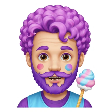 very colorful puffy violet curly haired man just beard  no mustache made out of cotton candy wearing teeth-braces and excessive face tattoos just face  sticker