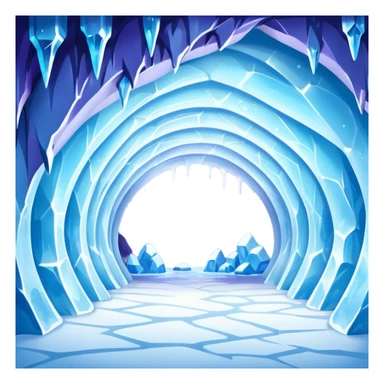 A breathtaking ice cave glowing with blue light, featuring smooth, curved walls made entirely of translucent ice. The interior reflects shimmering shades of blue and purple, with natural light filtering through the frozen surface. Realistic detail, cinematic lighting. sticker