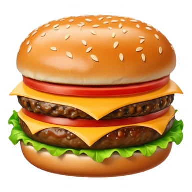 A classic single patty hamburger emoji,, glossy and colorful. Soft rounded bun with sesame seeds, one beef patty, fresh lettuce, tomato slice, melted cheese, realistic but cartoonish look, clean white background sticker