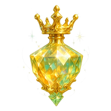 luxurious crystal elixir bottle shaped like a crown, pastel gradient of yellow, orange, and green, lots of shine, facets, ornaments, golden details, magical effects, very small golden neck, transparent background, beautiful merging base, clearly floating in air, no base or shadow, premium class impression, interesting design, fits a collection of crystal, luxurious, magical bottles sticker