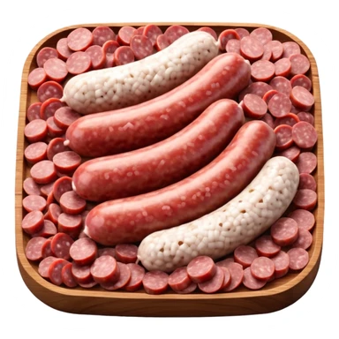 portion of raw sausage filling, coarse grind, pink-red meat, visible white fat, moist uneven texture, natural color variation, unprocessed look, clean 3D rendering, soft light, subtle shadow, no background elements, no anthropomorphic features, transparent background, emoji scale sticker