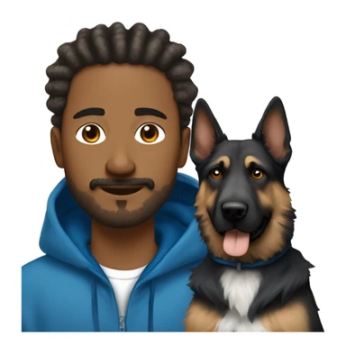 man with dreadlocks, mustache and goatee dressed in a blue hoodie alongside a brindle colored german shepherd dog sticker