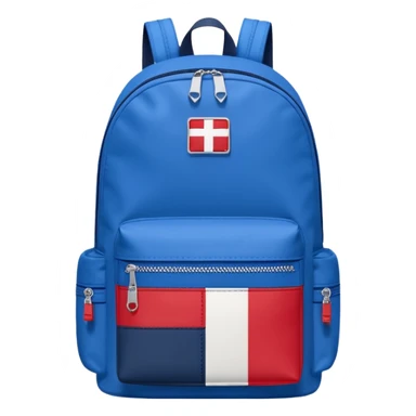 simple blue backpack, at the bottom pocket there is a  logo featuring a Tommy Jeans-inspired logo. The logo looks like A red and white vertically split flag-style patch on the bottom pocket.
 sticker
