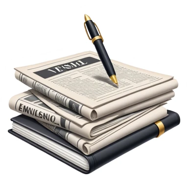 Create an emoji representing journalism and publicistic writing. The design should feature a stack of newspapers as the base, with an open working notebook placed on top of them. A single fountain pen should rest on the very top of the notebook, symbolizing the act of writing. Use neutral, professional colors like black, white, and muted tones to convey a sense of seriousness and intellect. Do not include any emojis or smiley faces. Make the background transparent. sticker