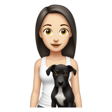 white girl with dark hair in a ponytail wearing a white tank top walking a black dog sticker