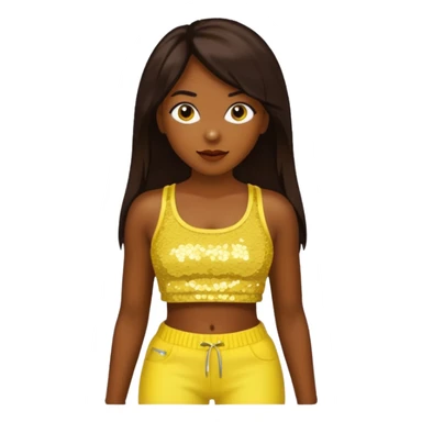 Chilli from TLC with long dark brown hair, yellow sequin crop top and pants, dark skin  sticker