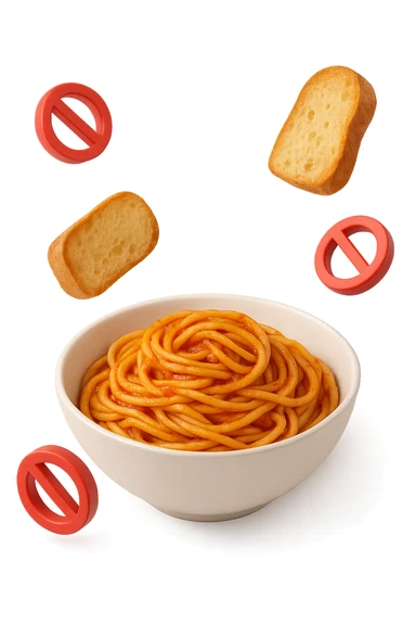 bowl di pasta e fettine di pane che fluttuano in aria con piccoli divieti 3d, sfondo bianco, iperrealistico 4k sticker