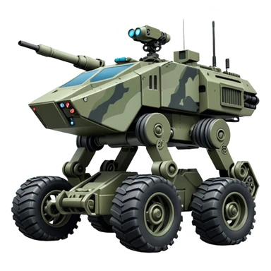 a roomy American 4-wheel armored medical personnel stealth camouflage army massive mech trail vehicle shooting forward side-hill leaning actively articulating hydraulic independent suspended pod gimbal enemy mech off-road racing rover with large fast engine RC basher crawler megatron  sticker