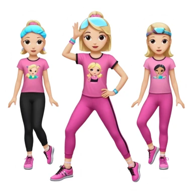 Hiphop dancer, with cute big pants, sneakers, and t-shirt. White girl blond. Coloufull shirt. No pocket pants. Dancing. Pink and black plain outfit. No sweatbands on the wrist, black music box behind her. Ballerina pose. with dancing kids behind her sticker