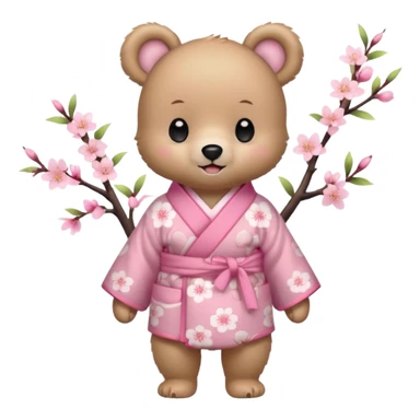 A cute baby bear character in pastel style, standing upright like a human. 
Light brown soft fur, large round ears, rounded paws and feet. 
Big cute black dot eyes, medium blush cheeks, and a tiny smiling mouth. 
Wearing a pink kimono with soft cherry blossom patterns on the sleeves and bottom,  sticker