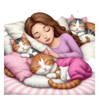 girl with long wavy brown hair, brown eyes, long lashes makeup, sexy pink lips, light to medium complexion,  sleeping on a cozy pillow, with 6 cats: 1 brown and white tabby cat, 1 ginger and white, 2 grey and white, 1 grey with white mittens and small white patch on chest and 1 calico, sleeping sticker