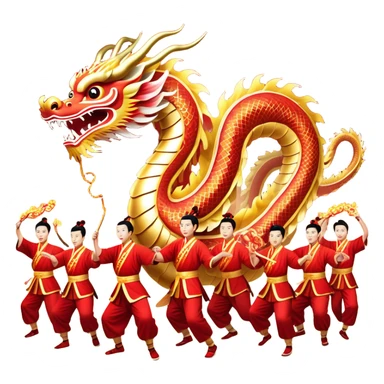 Cinematic Realistic scene of a Chinese Dragon Dance featuring performers energetically holding a vibrant dragon model aloft, with intricately detailed scales and dynamic flowing costumes, illuminated by festive red and gold lighting that captures the spirit of celebration. sticker