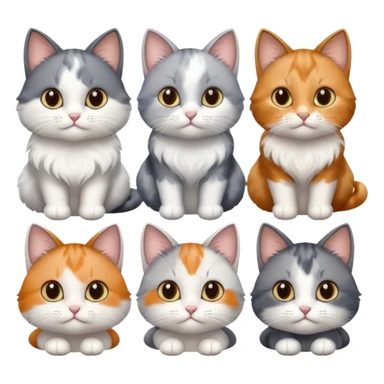 6 realistic looking cats with different natural coloured coats, assorted grey and white, greys, calico, brown and white colours etc
 sticker