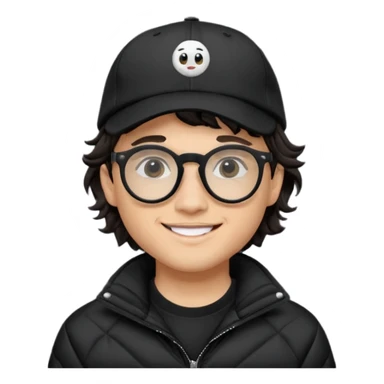 Young man wearing a black puffer jacket, black baseball cap, round black glasses, wavy hair peeking out from under the cap, smiling
 sticker