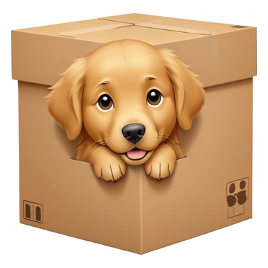  A very cute young Golden Retriever  with one's head tilted to one side poked its paws out of the cardboard big box and placed them on top of it sticker