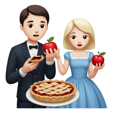 Sad man eats a pie. While his sister throws his dress on the apple sticker
