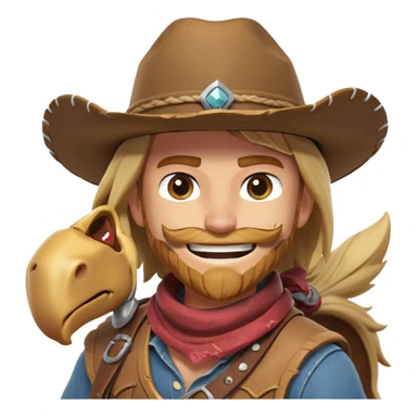 clash-of-clans-aesthetic_-cinematic-playful-cowboy-portrait-emoji, head-tilted with a roguish, cheeky grin and twinkling eyes, featuring a rugged, spirited build with a wide-brimmed cowboy hat and a weathered bandana on tan skin, riding a powerful galloping horse with dynamic flowing mane, reins gripped firmly in one hand and a lasso in the other, as dust swirls behind them in a vast desert landscape. sticker