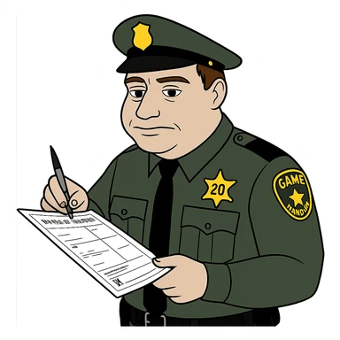 Make the game warden a white male with brown hair, writing a ticket for a wildlife law infraction, no background, keep the bufo frog meme style look. sticker