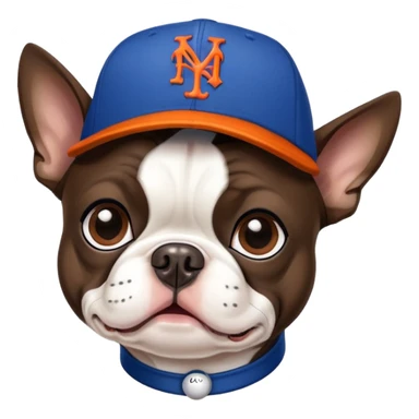 Brown Boston terrier wearing a New York Mets hat sticker
