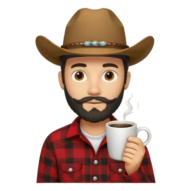 generate an ios genmoji of a 20 year old tan boy with a cowboy hat and side burn beard. Wearing a flannel and carrying a coffee mug sticker