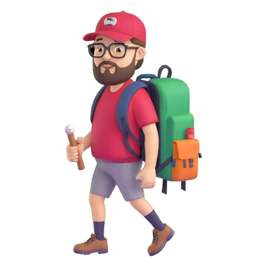 adventurer with goatee beard (no beard on cheeks), short hair, glasses, backwards baseball cap and backpack sticker
