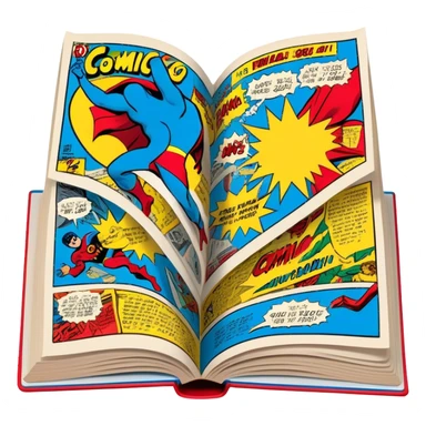 Create a vibrant emoji representing comic books and graphic novels. The design should feature a large, open comic book or vintage comic magazine with pages displaying classic comic art, with text. The comic pages should have bold, dynamic panels and action scenes. Include a pencil writing on the pages, but without a hand, to symbolize the artistic creation of comics. Use bright colors like red, blue, and yellow, with a retro feel to the design. Make the background transparent. sticker