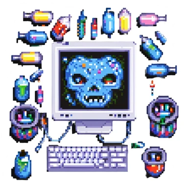 a wicked computer screen with sharp teeth, displaying a pixelated face, surrounded by floating capsules and syringes, pixel art style sticker