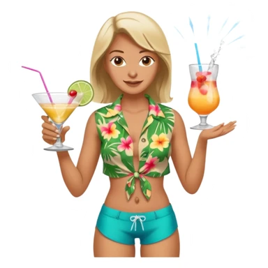human female Unbuttoned Hawaiian shirt, swim trunks, shaking a cocktail shaker (sparks flying) sticker
