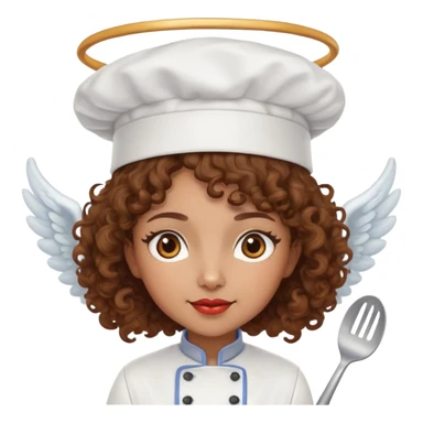 Light brown skinned mixed-race female chef with medium-length curly brown hair, wearing a chef's hat (toque), with both an angel halo and devil horns on her head sticker
