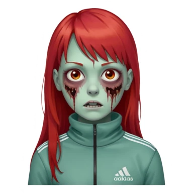 Crie um emoji de uma menina zumbi  com o cabelo vermelho longo com uma franja reta casaco de gola alta da adidas sticker
