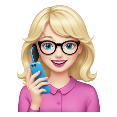 Pin up Woman with pale skin, wider face, blue eyes with eyeliner, thin eyebrows, pink lipstick, blonde wavy hair with bangs, wearing black glasses. Laughing on a mobile phone and pointing  sticker