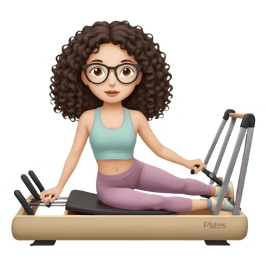 Memoji-style girl with long dark brown curly hair, round glasses, large brown eyes, soft rounded face,makeup, warm beige skin tone, wearing Pilates activewear performing Pilates and reformer Pilates exercises on a reformer machine, pastel color palette, smooth soft shading sticker