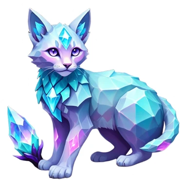 This fascinating hybrid creature combines the rocky ferocity of Boulderbite with the mystical elegance of Etherfeline. The result is a creature with a core body composed of angular, faceted stones in varying shades of turquoise, pink and gray. From the cracks between these stones emanates a soft blue ethereal glow. It has the general shape of a feline, but with crystalline rock formations creating its limbs and body. Its large, expressive eyes feature purple irises with amber outer rings, giving it a hypnotic gaze. The creature sports pointed ears lined with purple crystal formations, and a tuft of blue flame-like energy flows from the diamond on its head and along its spine. Its tail is a flexible chain of smaller rocks wrapped in the same ethereal blue energy. When it opens its mouth, sharp crystalline teeth are revealed, though its expression is more mysterious than threatening. Small whiskers  extend from its muzzle, occasionally emitting tiny ice crystals. full body sticker