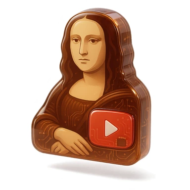 Mona Lisa with a calm or blank expression, no grin or sarcasm, red YouTube play button, glossy circuit style sticker