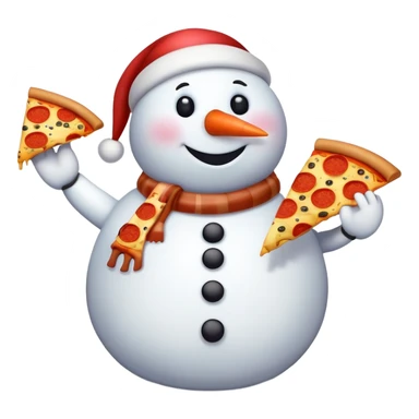 a chubby brown cartoon snowman with a pizza  sticker