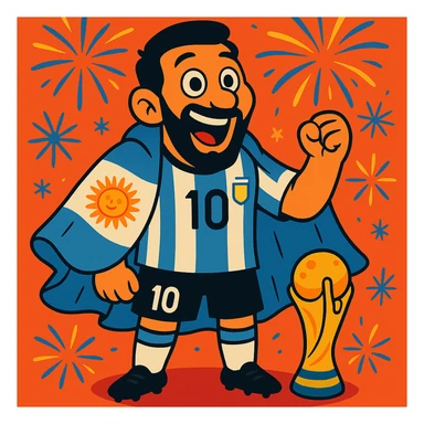 Make Messi look even more cartoonish and exaggerated, with larger eyes and expressive features, draped in Argentina flag, World Cup trophy at his feet, fireworks in background. sticker