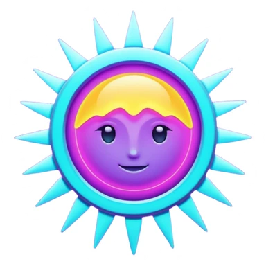 Futuristic glowing sun, neon rays, bright holographic purple and cyan glow, dark background, digital tech style sticker